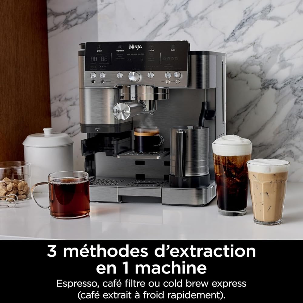 NINJA Machine à café Luxe Premier 3-en-1, Latte, Cappuccino, Infusion à froid et Espresso avec broyeur à grains et mousseur à lait intégrés, facile à utiliser, EU Prise, argent, ES601EU : Cuisine et Maison