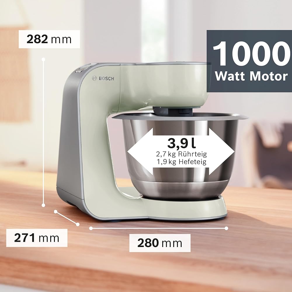Bosch MUM58L20 Robot pâtissier – Machine puissante 1000 W pour cuisine et pâtisserie – 7 vitesses + turbo – Bol en acier inoxydable 3,9 L – Avec accessoires – Couleur gris minéral/argent : Cuisine et Maison