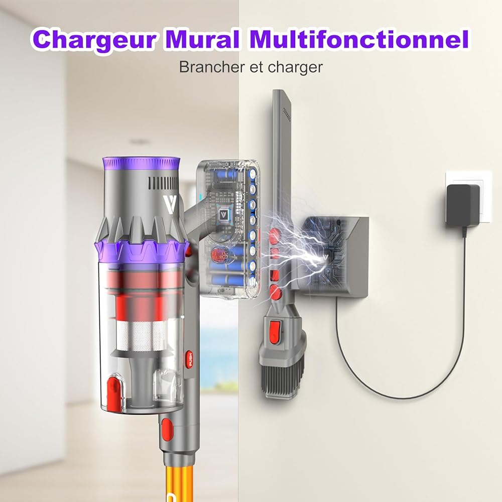 coovy SU7 Aspirateur Balai sans Fil 580W/45Kpa/70Mins, Aspirateur sans Fil Puissant, Chargement Mural, Écrans Tactiles LED, 1,3L Capacité, pour Sols Durs/Tapis/Les Poils d'animaux : Cuisine et Maison