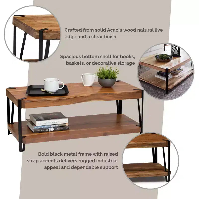 Alaterre Furniture Ryegate Live Edge Solid Wood Coffee Table Metal and Wood