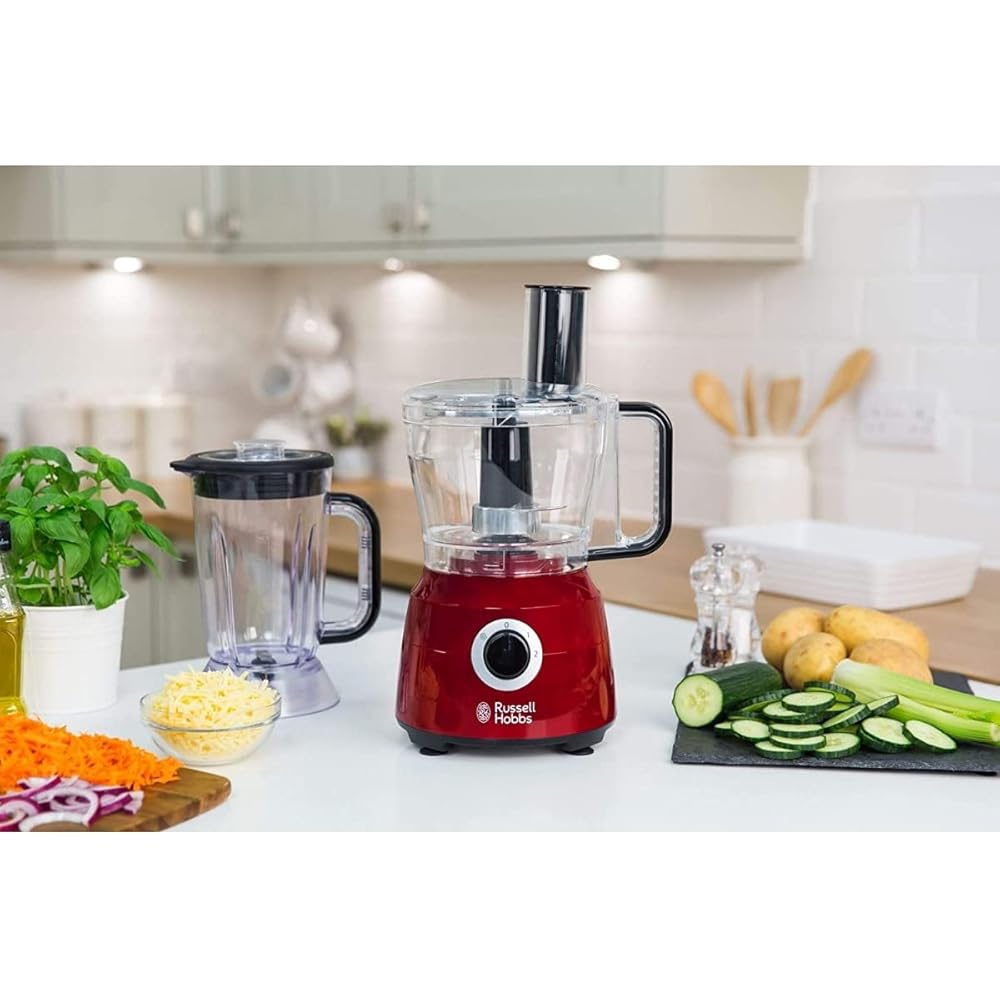 Russell Hobbs Robot de cuisine Multifonction [Blender/Mixeur/Broyeur/Coupeur/Râpeur/Batteur] Desire Rouge (Lames pétrin incl. + accessoires compatibles lave-vaisselle, 2 vitesses, 600W) 24730-56 : Cuisine et Maison