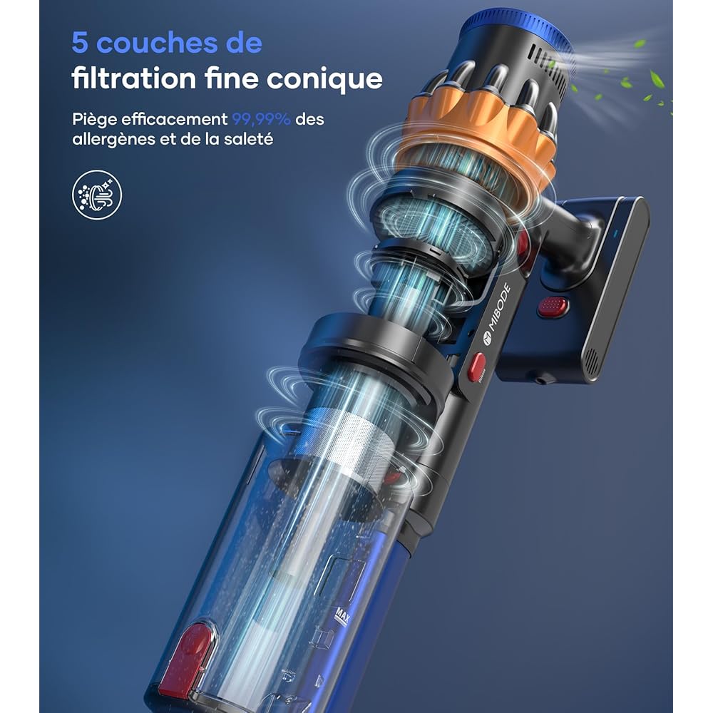 MIBODE Aspirateur Balai sans Fil, 550W/45Kpa/70Mins Aspirateur sans Fil avec écran Intelligent, Aspirateur Balai avec Mode Automatique et Brosse Anti-emmêlement pour Tapis, Sols Durs, Poils d'animaux : Cuisine et Maison