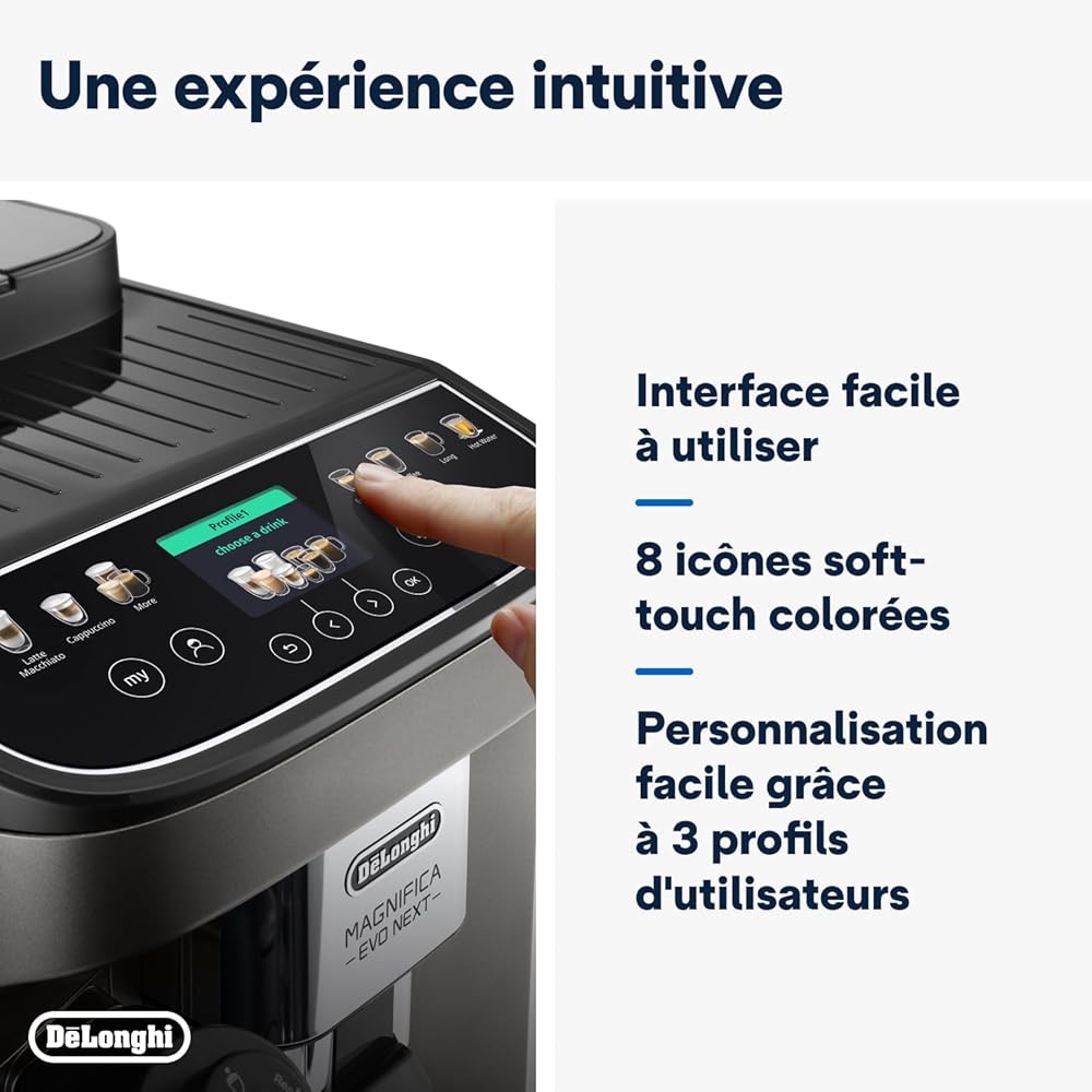 De'Longhi Magnifica Evo Next ECAM312.80.TB, Machine Café Automatique, Machine Café Grains pour Café et Cappuccino avec Écran Tactile Intuitif, 1450W, Noir/Titane : Cuisine et Maison