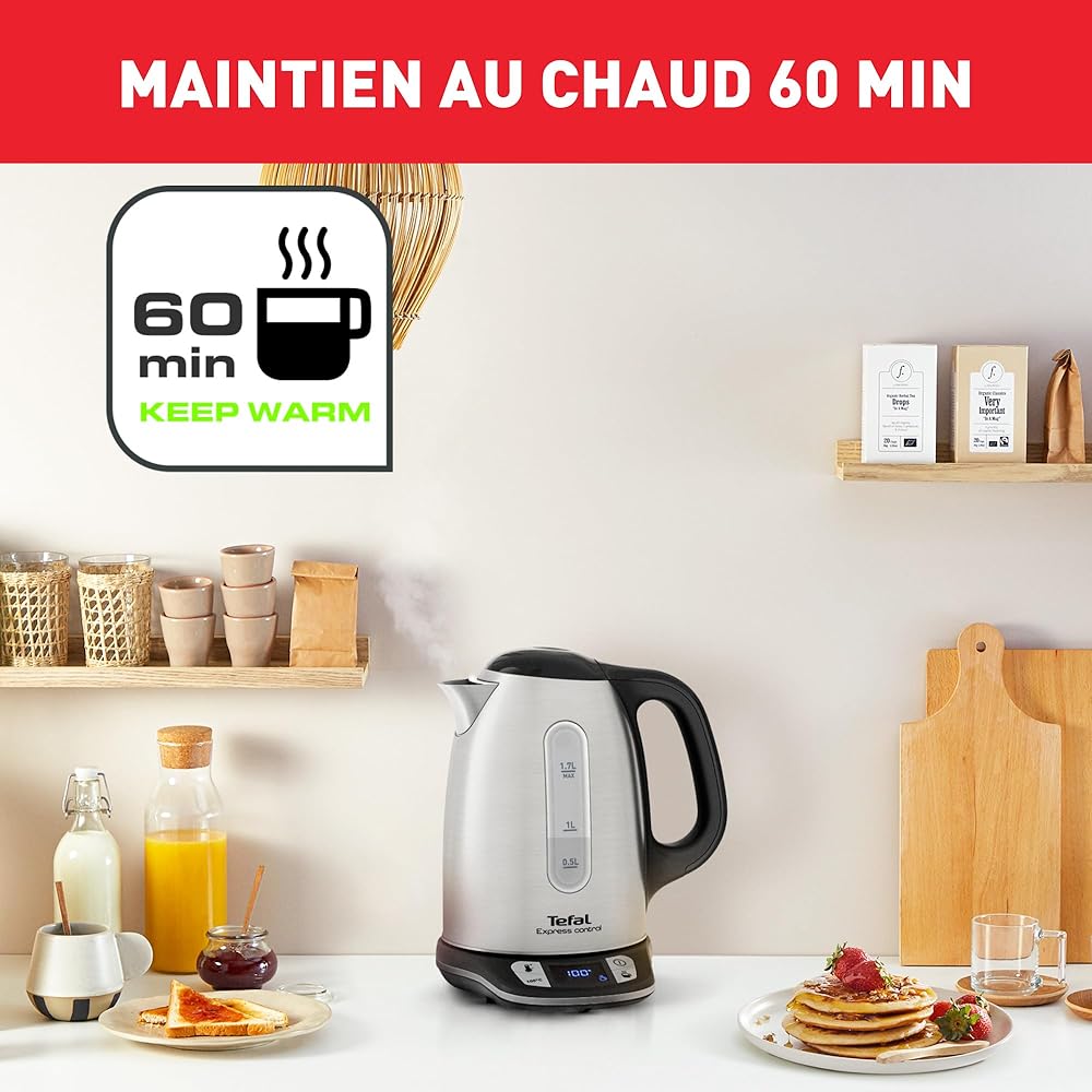 Tefal Bouilloire électrique sans fil inox, 1,7 L, 2400 W, 7 températures réglables de 60 à 100°, Ecran digital, Maintien au chaud 60 min, Express Control KI240D10 : Cuisine et Maison