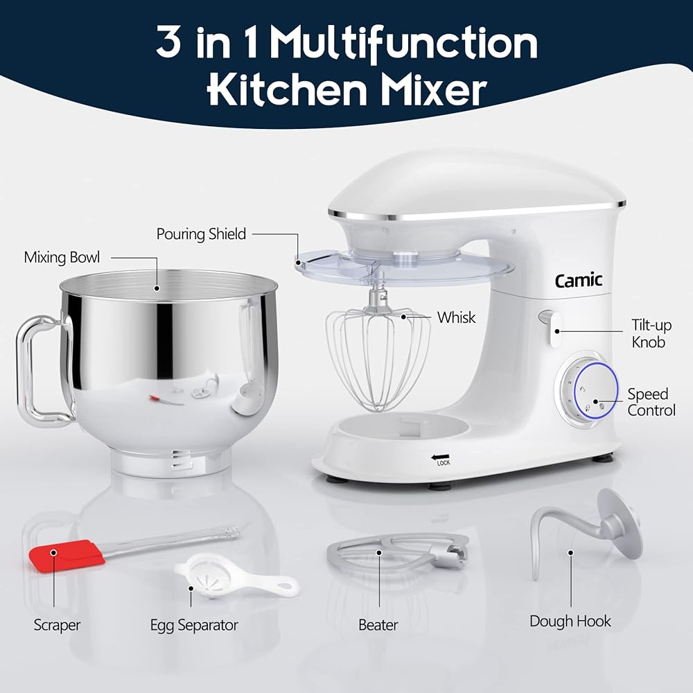 Camic Robot Pâtissier Multifonctions, Pétrin 8L 1500W Puissant, Robot de Cuisine avec Crochet Pétrisseur, Batteur, Fouet à Fil, Couvercle, Compatible Lave-vaisselle : Cuisine et Maison