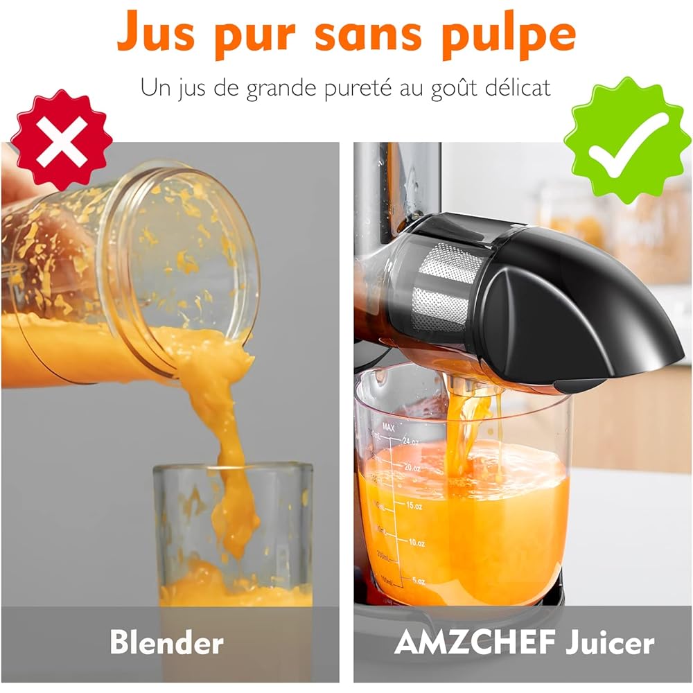 AMZCHEF Extracteur Jus - Extracteur de Jus de Fruits et Légumes - Presses-agrumes à Froid sans BPA avec 2 Tasses et Brosse - Fonction de Mastication Inversée pour Éviter les Blocages - Argent : Cuisine et Maison