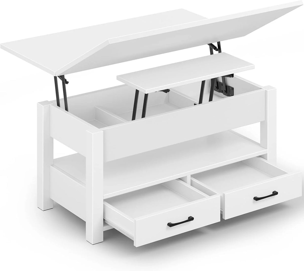 Table Basse Relevable et Extensible en Bois – avec Tiroir, Rangement Caché et Compartiment Ouvert