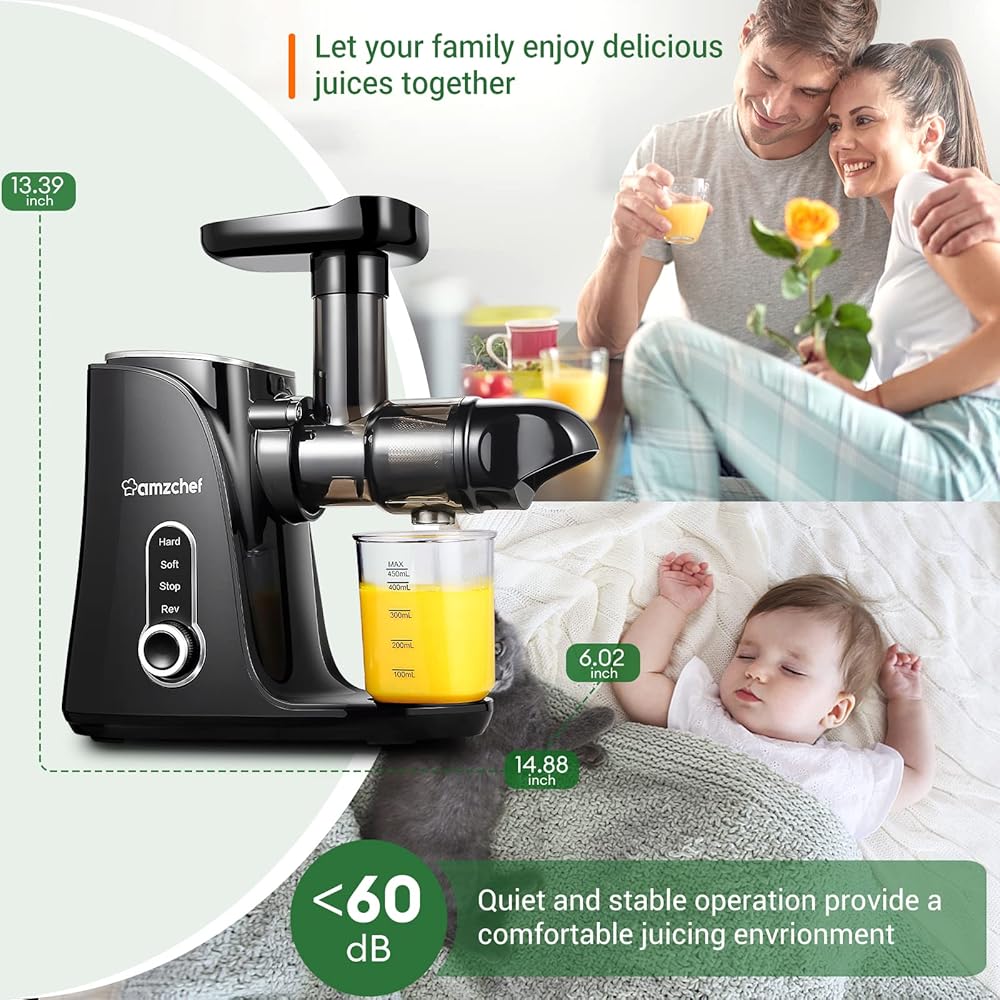 AMZCHEF Extracteur de Jus avec Double Vitesse Modes (Soft et Hard) - Extracteur de Jus de Fruits et Légumes - Juicer Machine avec Bouteille à jus Portable et 2 Tasses - Noir : Cuisine et Maison