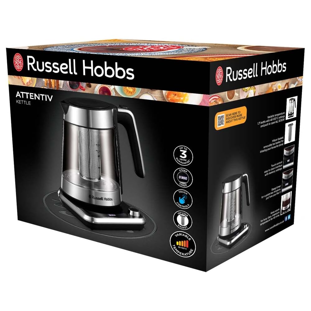 Russell Hobbs Bouilloire Electrique en verre [Idéale pour thé] Attentiv (1,7L, 2400 W, Filtre infusion en inox amovible, Contrôle de température 40-100°C, Commande & minuterie tactile) 26200-70 : Cuisine et Maison