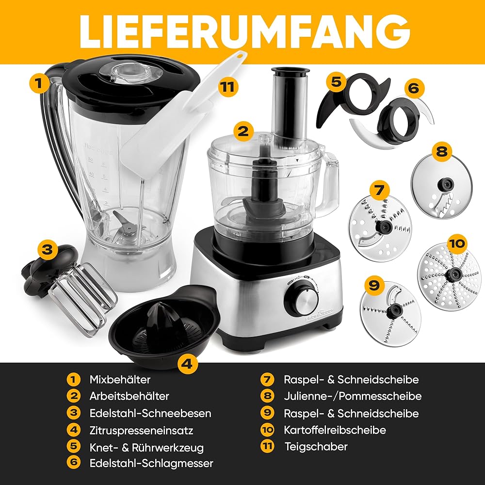 ProfiCook PC-KM 1063 Robot de cuisine compact avec boîtier en acier inoxydable, couper, pétrir, mixer, presse-agrumes, 1.2L, ouverture de remplissage, avec fonction turbo et 11 accessoires, 1200W : Cuisine et Maison