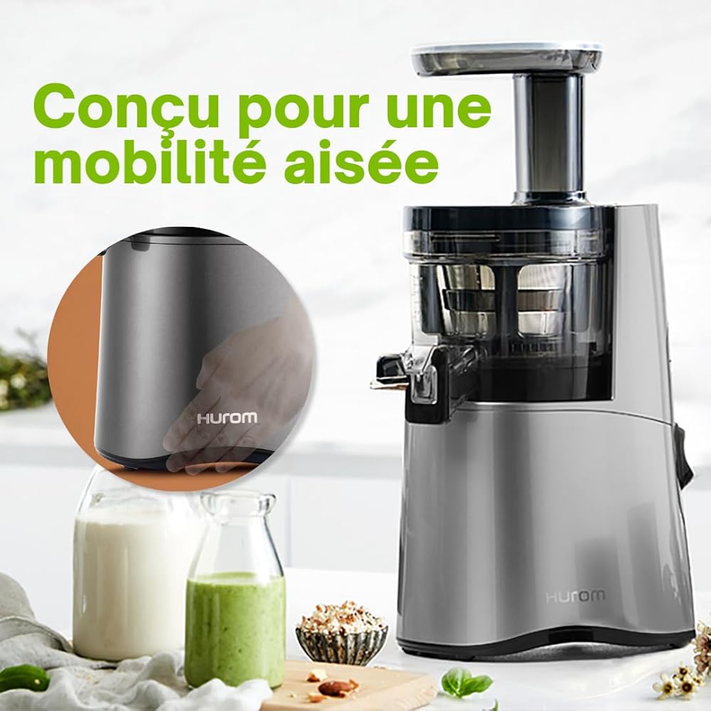 HUROM | Extracteur de jus | Presse à Froid | H-AA | Machine à glaçes | Système silencieux | Entonnoir semi-transparent | 500ml | 150 Watt | Sans BPA | Argent foncé : Cuisine et Maison