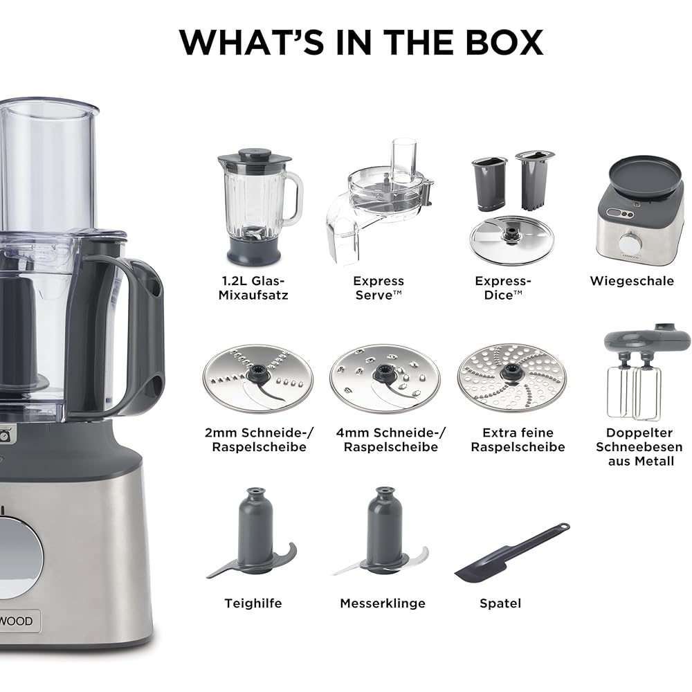 Kenwood Multipro Compact + FDM315SS Robot de cuisine compact, 2,1 l, balance intégrée, couteau en acier inoxydable, 4 disques de travail et 5 autres accessoires, boîtier en métal, 800 W, argenté : Cuisine et Maison