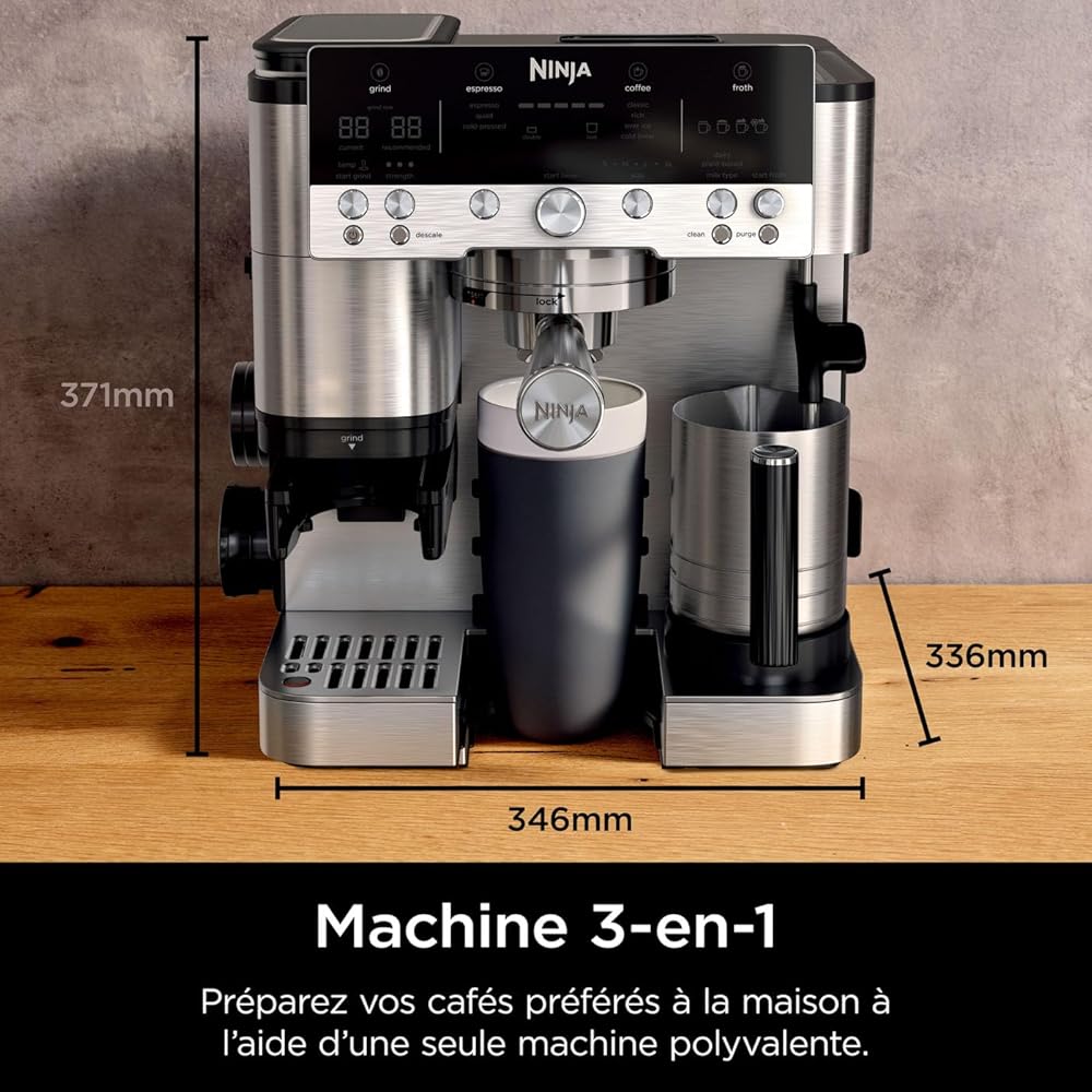 NINJA Machine à café Luxe Premier 3-en-1, Latte, Cappuccino, Infusion à froid et Espresso avec broyeur à grains et mousseur à lait intégrés, facile à utiliser, EU Prise, argent, ES601EU : Cuisine et Maison