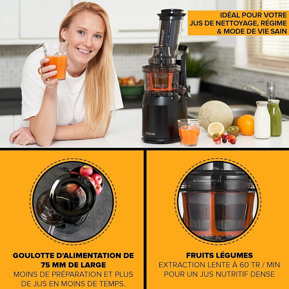 Jus de Fruits et Légumes à Mastication Lente, Slow Juicer, Jus Frais et Santé, Sorbet, Crème Glacée, Bouche 75 mm, sans BPA, 240 Watts, Pression à Froid, Acier Inoxydable Noir Fridja f1900 : Cuisine et Maison