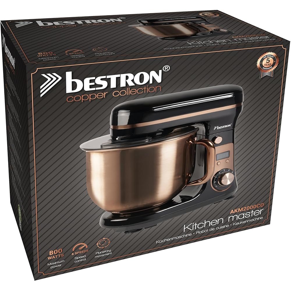 Bestron Robot Patissier, Robot pâtissier super silencieux (65 dB), Robot de cuisine 4-en-1, bol de 6 litres, inclus crochet pétrisseur, fouet et batteur plat, 6 vitesses + fonction Pulse, Cuivre : Cuisine et Maison
