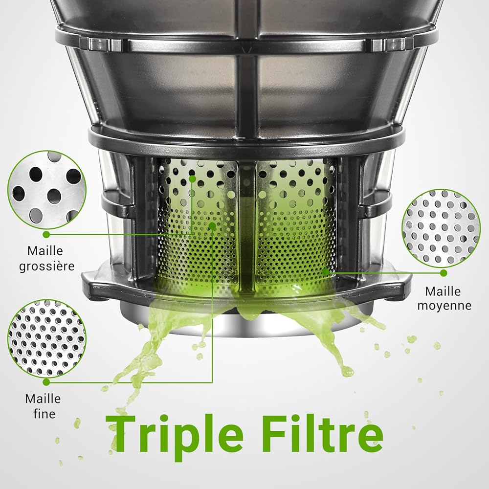 AMZCHEF Extracteur de jus automatique Vos mains libres, Ouverture de 135 mm et capacité de 1,8 L Extracteur de jus de fruits et légumes entiers, Extracteur jus lent de 250W avec triple filtre - Argent : Cuisine et Maison