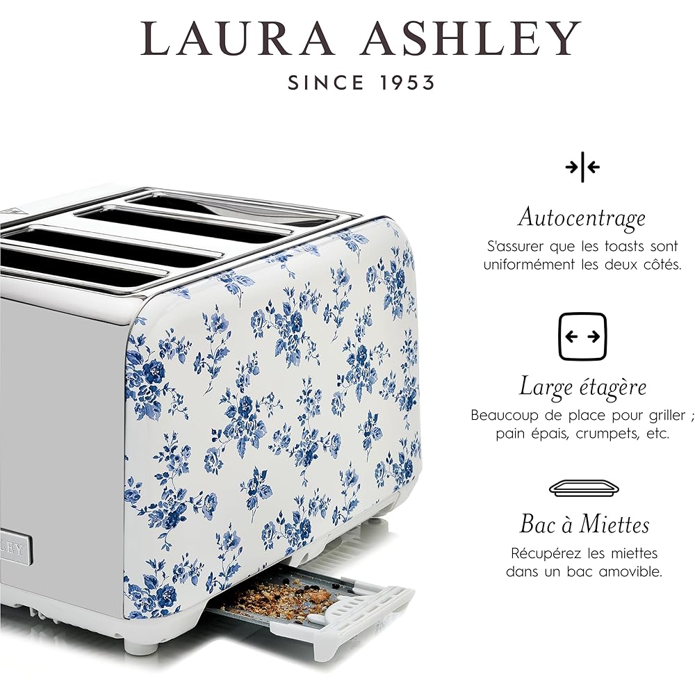 VQ Laura Ashley Grille-Pains 4 Tranches avec Modes de Chauffage, Décongélation et Réchauffage Réglables - Inox Grille Pain Vintage avec un Support de Réchauffage Pour Croissants - China Rose : Cuisine et Maison