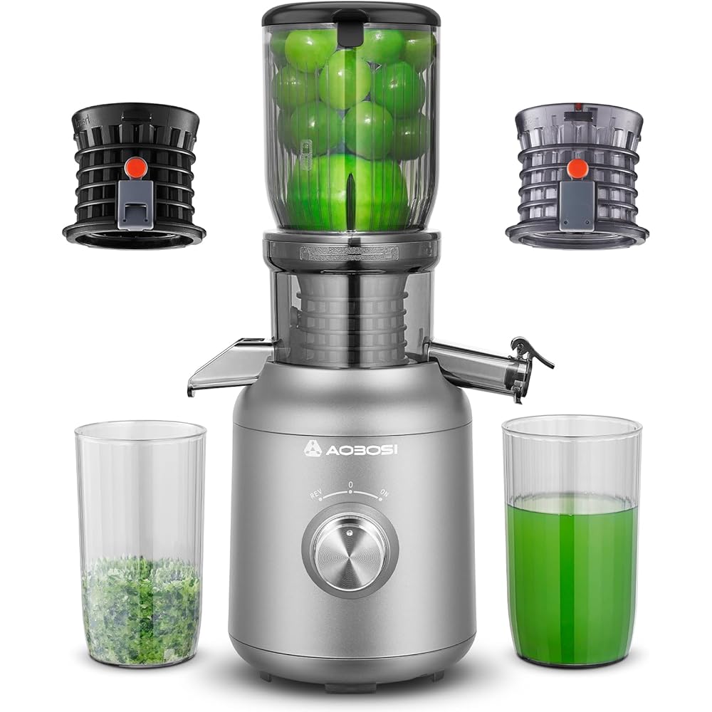 Extracteur de jus AOBOSI 250W-Extracteur de jus de fruits et légumes avec un diamètre de 103MM et 2 filtres sans métal-1.2L Extracteur jus avec 2 brevets et 40 minutes de protection thermique, Gris. : Cuisine et Maison