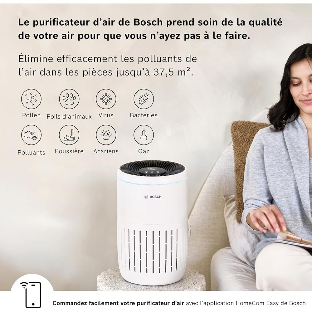 Bosch Air 2000i - Purificateur d'air intelligent - Couvre 37,5 m² - Filtre efficacement plus de 99% des polluants - Mode auto/sommeil (< 25 dB(A)) - CADR : 180 m³/h - Connectivité avec écran et app : Cuisine et Maison