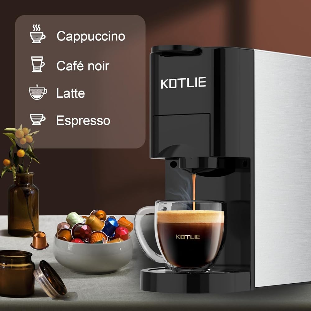 KOTLIE AC-513K 4 en 1 Cafetières à Capsules pour NES/DG/Café en Poudre/ESE(44mm), Pression de 19Bar, 0.8L Réservoir d'eau,Capacité Personnalisable（Noir） : Cuisine et Maison