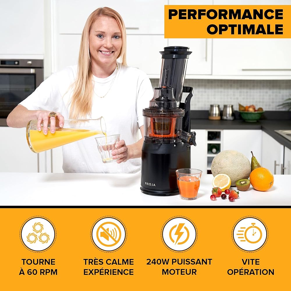 Jus de Fruits et Légumes à Mastication Lente, Slow Juicer, Jus Frais et Santé, Sorbet, Crème Glacée, Bouche 75 mm, sans BPA, 240 Watts, Pression à Froid, Acier Inoxydable Noir Fridja f1900 : Cuisine et Maison