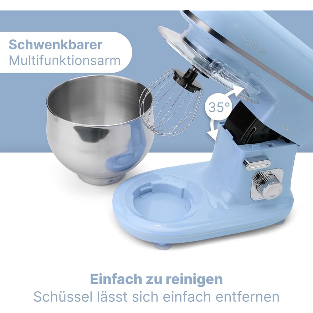 Clatronic® Robot de cuisine rétro pour la pâtisserie | Pétrin | 5L | Moteur 1100W | Machine à pâte avec crochet et fouet | Rétro |Protection anti-éclaboussures Ouverture de remplissage - KM 3711 bleu : Cuisine et Maison