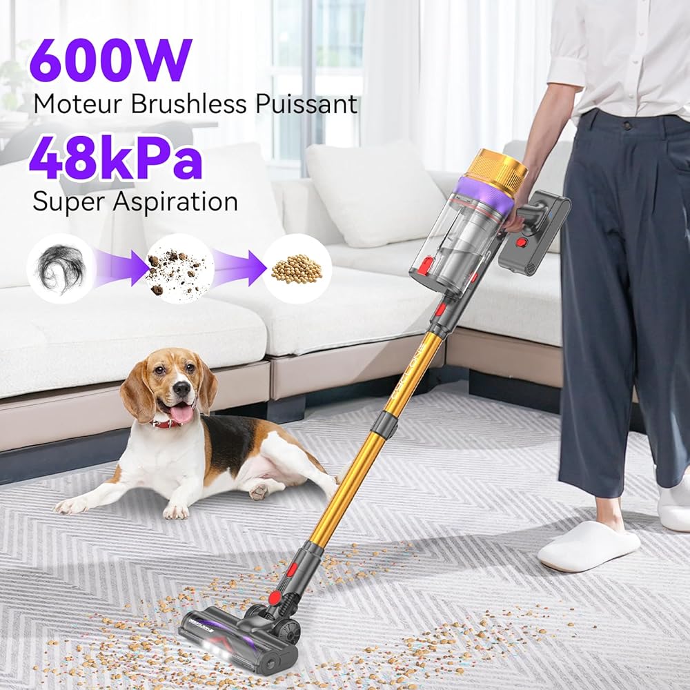 Vistefly V15 Ultra Aspirateur Balai sans Fil, 600W/48Kpa/70Mins Aspirateur sans Fil Puissant avec Écran Double, Design à Double Conteneur Aspi pour Sols Durs Poils d'animaux Tapis : Cuisine et Maison