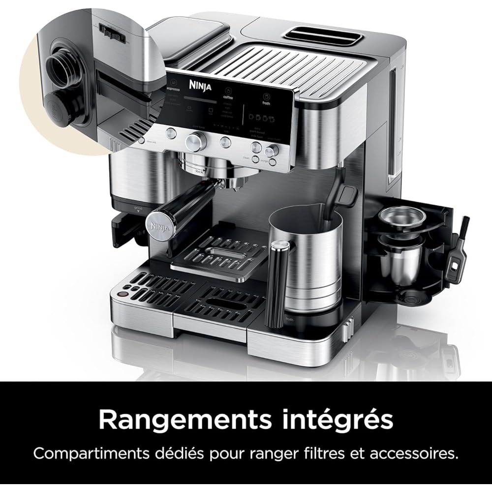 NINJA Machine à café Luxe Premier 3-en-1, Latte, Cappuccino, Infusion à froid et Espresso avec broyeur à grains et mousseur à lait intégrés, facile à utiliser, EU Prise, argent, ES601EU : Cuisine et Maison