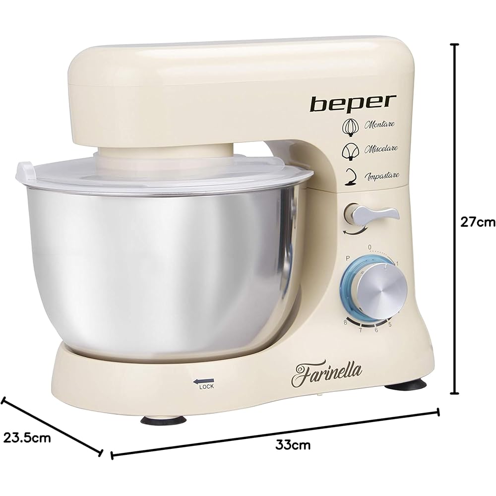 Beper BP.200 Robot pâtissier planétaire, puissance 1000 W, récipient en acier inoxydable de 4,5 L, pour pétrir, amalgamer et monter à neige, couleur crème : Cuisine et Maison