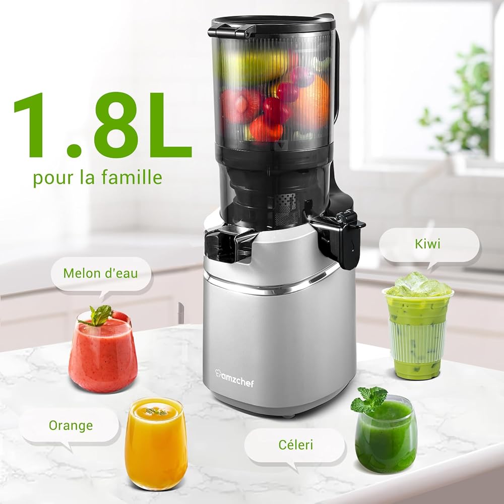 AMZCHEF Extracteur de jus automatique Vos mains libres, Ouverture de 135 mm et capacité de 1,8 L Extracteur de jus de fruits et légumes entiers, Extracteur jus lent de 250W avec triple filtre - Argent : Cuisine et Maison