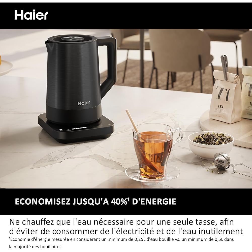 Haier I-Master Série 5 Bouilloire, Acier Inoxydable, 1,7L, Economie d'Energie, 7 Réglages de Température, Fonction de Maintien au Chaud, Fonction Tasse Unique 0,25L, 2000W [Noir] : Cuisine et Maison