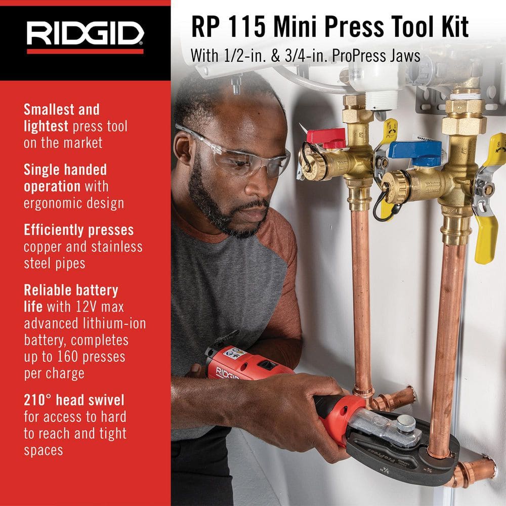 RP 115 Mini Press Tool Kit for 1/2 in. - 3/4 in. Copper & Stainless Fittings with 12V Li-Ion Battery (Includes 6 Items) 72553