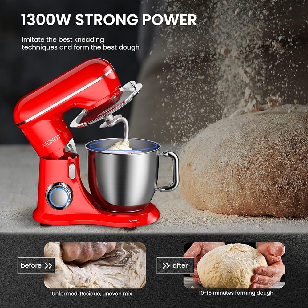 KICHOT 4.5L Robot Pâtissier, 1300W 10Vitesses Robot de Cuisine Multifonction, Robot Mixeur Pâtisserie, Bol d'Acier Inoxydable, Fouet Batteur, Crochet : Cuisine et Maison