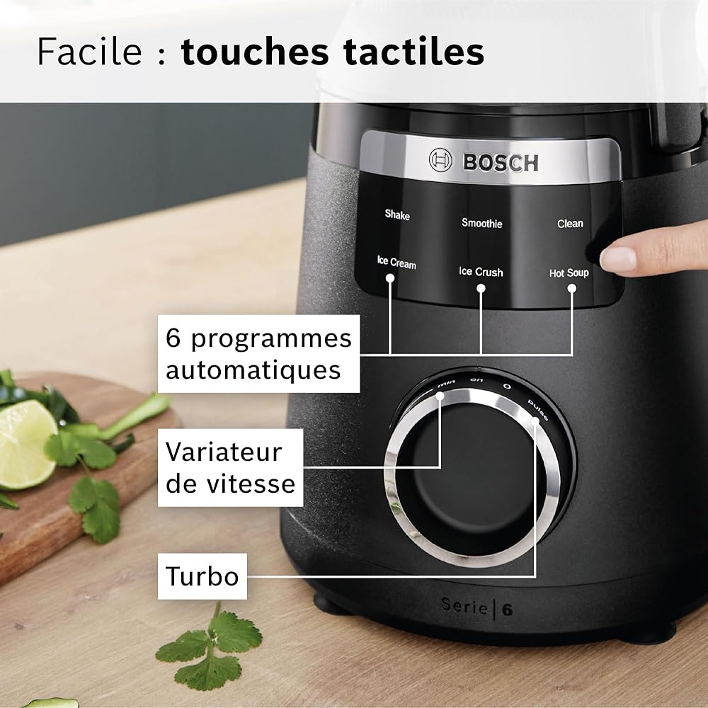 Bosch, VitaPower Série 6, blender haute performance, moteur 1800 watts, vitesse du moteur jusqu'à 45 000 tr/min, 6 programmes automatiques, bol résistant en tritan, noir, MMB6652B : Cuisine et Maison