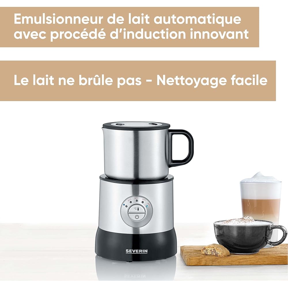 SEVERIN Émulsionneur à lait 500 W, Mousseur de lait à induction, Mousseur à lait électrique, Chocolatière 700 ml, température réglable, inox/noir, SM 3583 : Cuisine et Maison