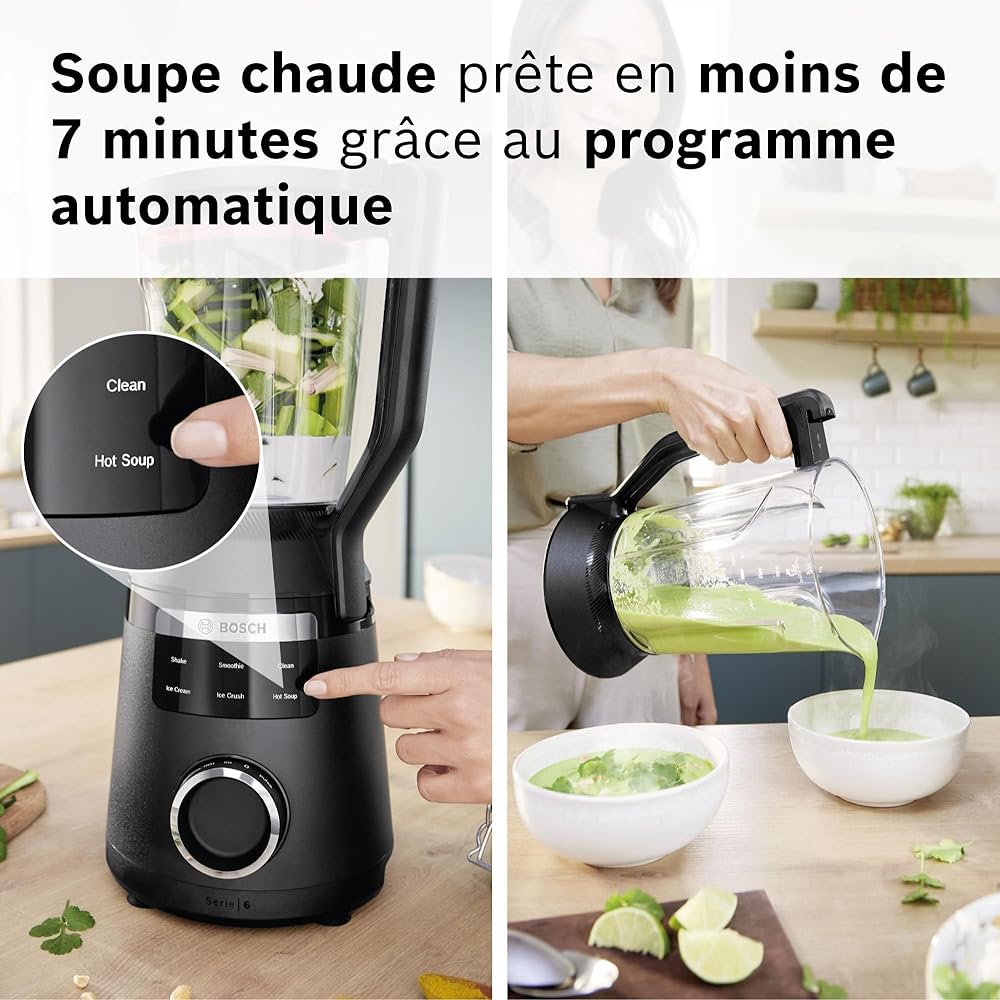 Bosch, VitaPower Série 6, blender haute performance, moteur 1800 watts, vitesse du moteur jusqu'à 45 000 tr/min, 6 programmes automatiques, bol résistant en tritan, noir, MMB6652B : Cuisine et Maison