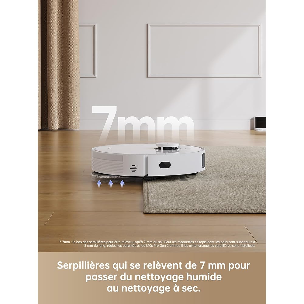 dreame L10s Pro Gen 2 Robot Aspirateur Laveur 7 000 Pa, Levage Automatique des Serpillières, Détection de Tapis par Ultrasons, Compatible avec Siri/Dreamehome, Poils d'animaux, Sol Dur et Tapis : Cuisine et Maison