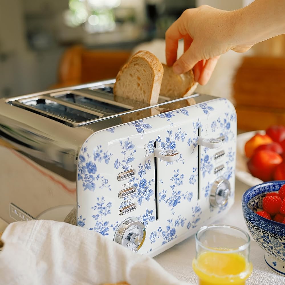 VQ Laura Ashley Grille-Pains 4 Tranches avec Modes de Chauffage, Décongélation et Réchauffage Réglables - Inox Grille Pain Vintage avec un Support de Réchauffage Pour Croissants - China Rose : Cuisine et Maison
