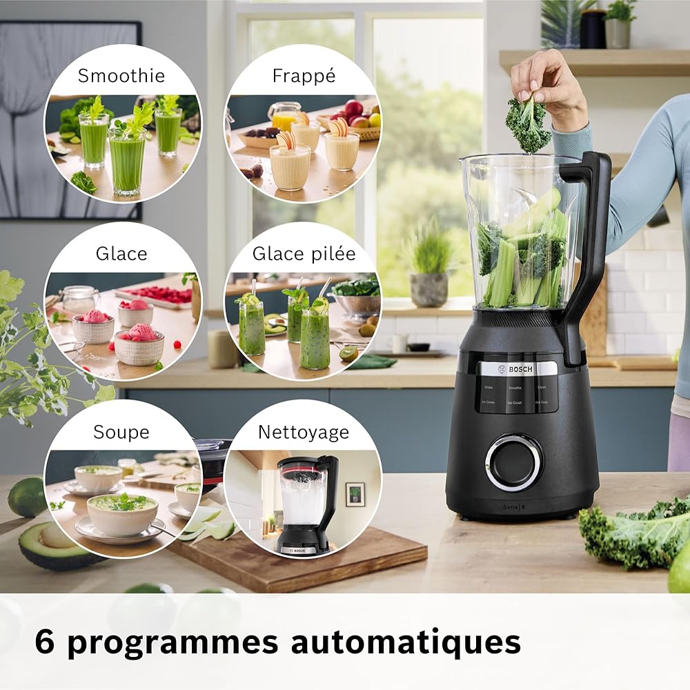 Bosch, VitaPower Série 6, blender haute performance, moteur 1800 watts, vitesse du moteur jusqu'à 45 000 tr/min, 6 programmes automatiques, bol résistant en tritan, noir, MMB6652B : Cuisine et Maison