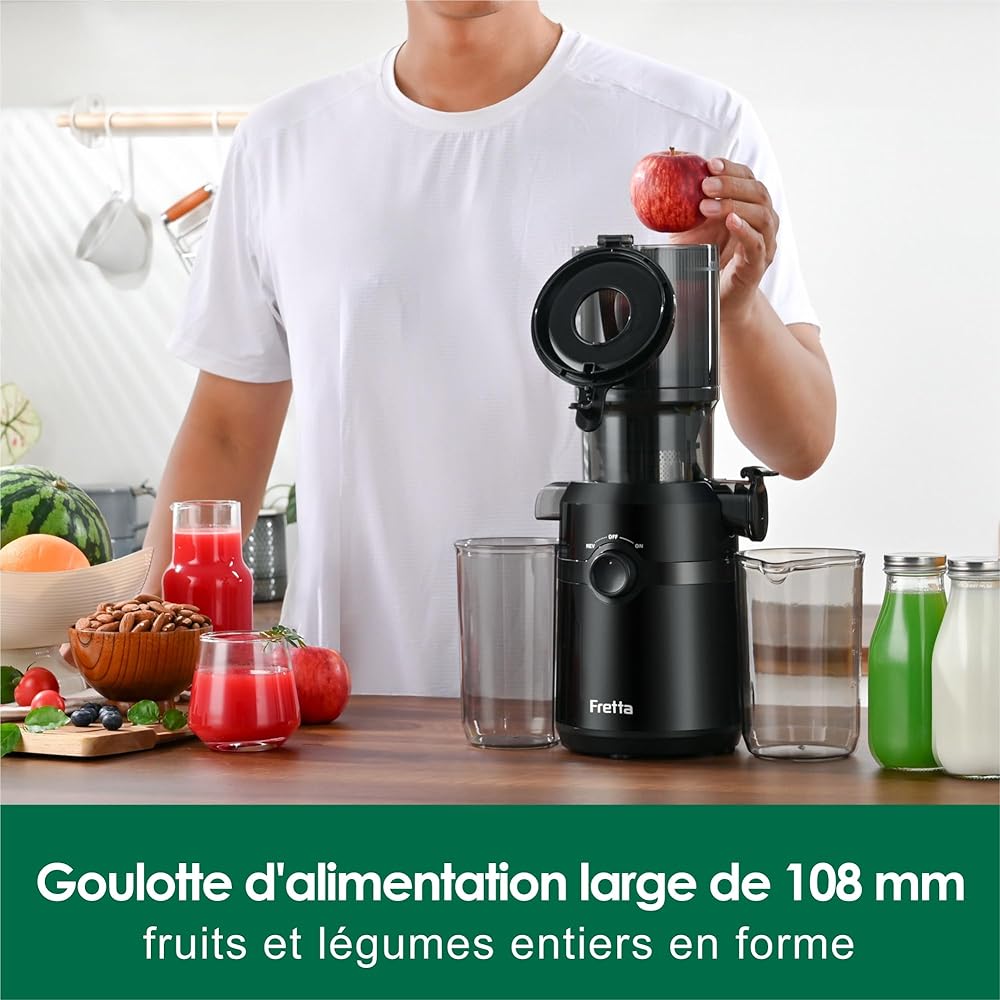 Extracteur de jus, Fretta Extracteur de jus de fruits et légumes, Slow Juicer Grand diamètre de 108 mm, 1L Très grande capacité, Pression à Froid, Facile à nettoyer, Sans BPA (Noir, 1L) : Cuisine et Maison