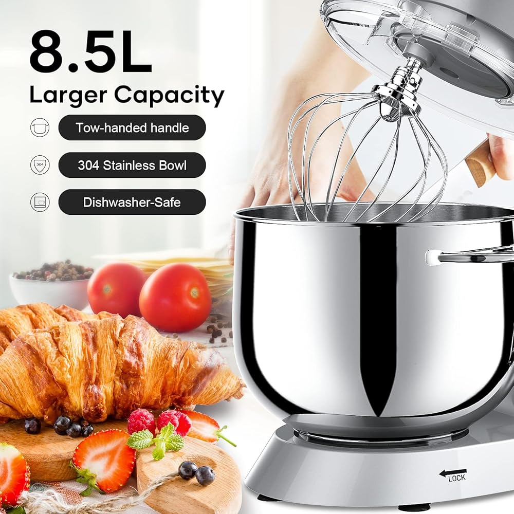Robot Pâtissier Vezzio Robot Cuisine Multifonctions 8.5L Robot Pâtissier1500W 6 Vitesses Robot Pétrin Professionnel Faible Bruit vec Crochet Pétrin,Batteur plat,Fouet à Fils (Argent) : Cuisine et Maison