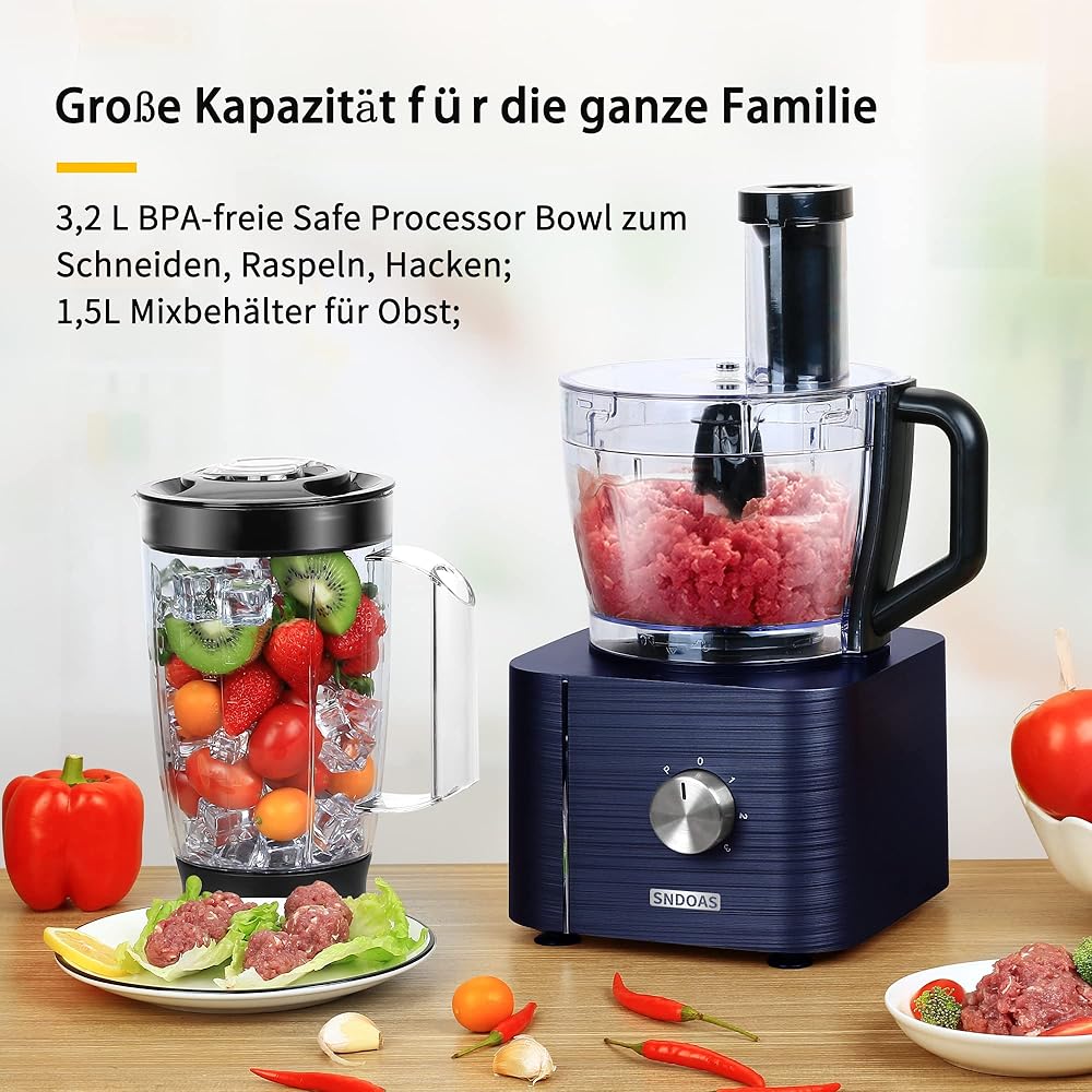 SNDOAS Robot Multifonction Cuisine, 1100 W Robot Culinaire, Bol Mélangeur 3.2 L, Hachoir Multifonction, Robot Mixeur 1.5 L, Moulin à café, Bleu Foncé : Cuisine et Maison