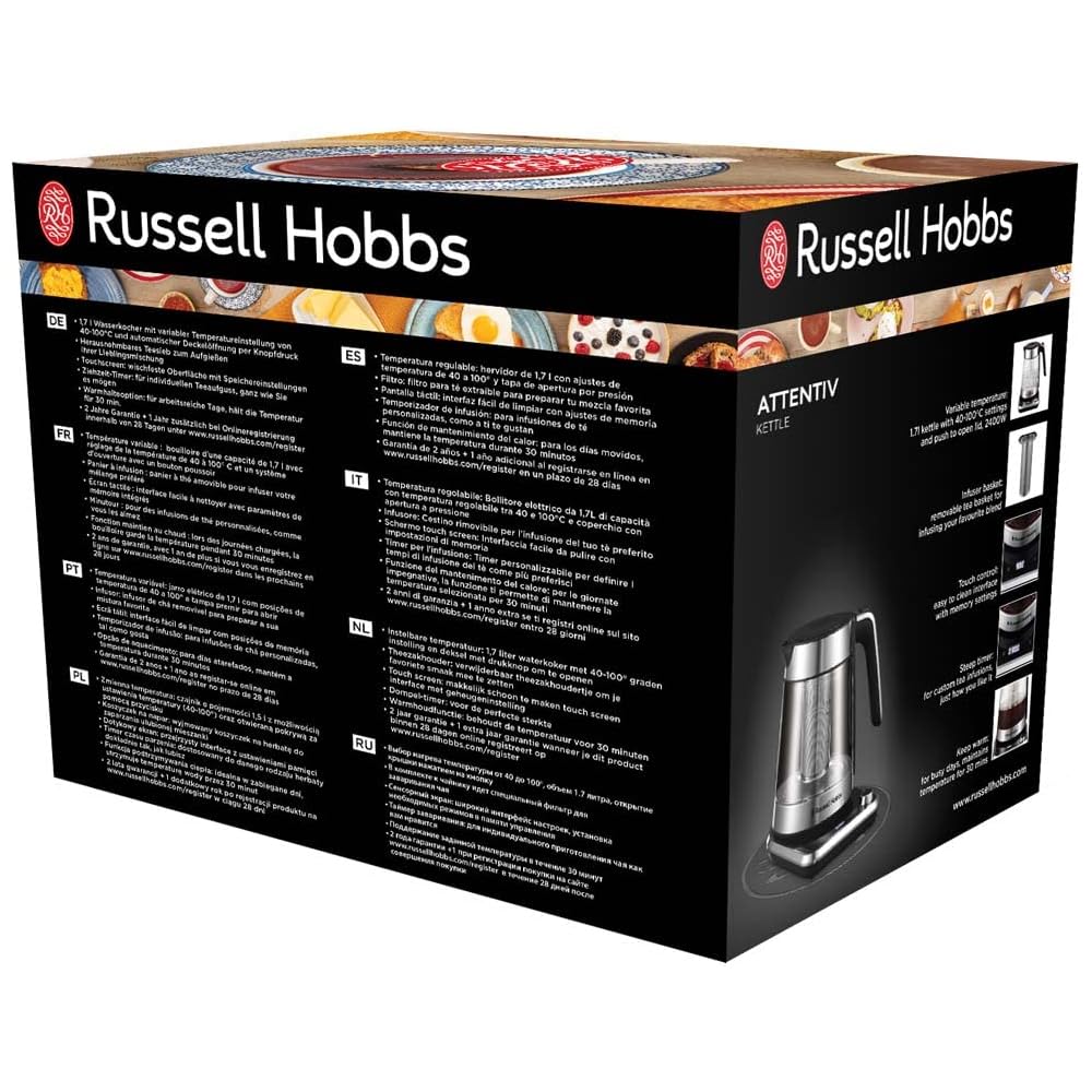 Russell Hobbs Bouilloire Electrique en verre [Idéale pour thé] Attentiv (1,7L, 2400 W, Filtre infusion en inox amovible, Contrôle de température 40-100°C, Commande & minuterie tactile) 26200-70 : Cuisine et Maison