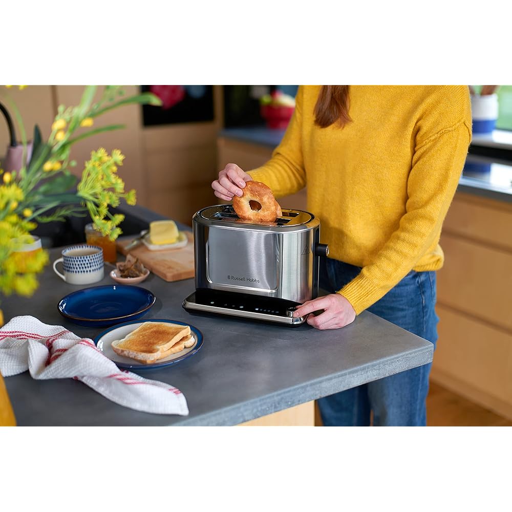 Russell Hobbs Grille Pain [Programmable] Attentiv (Fentes extra larges, Tactile, mémorisele brunissage, Tout type de pain, Surélévation, Chauffe Viennoiserie,Tiroir Ramasse Miettes) Toaster 26210-56 : Cuisine et Maison
