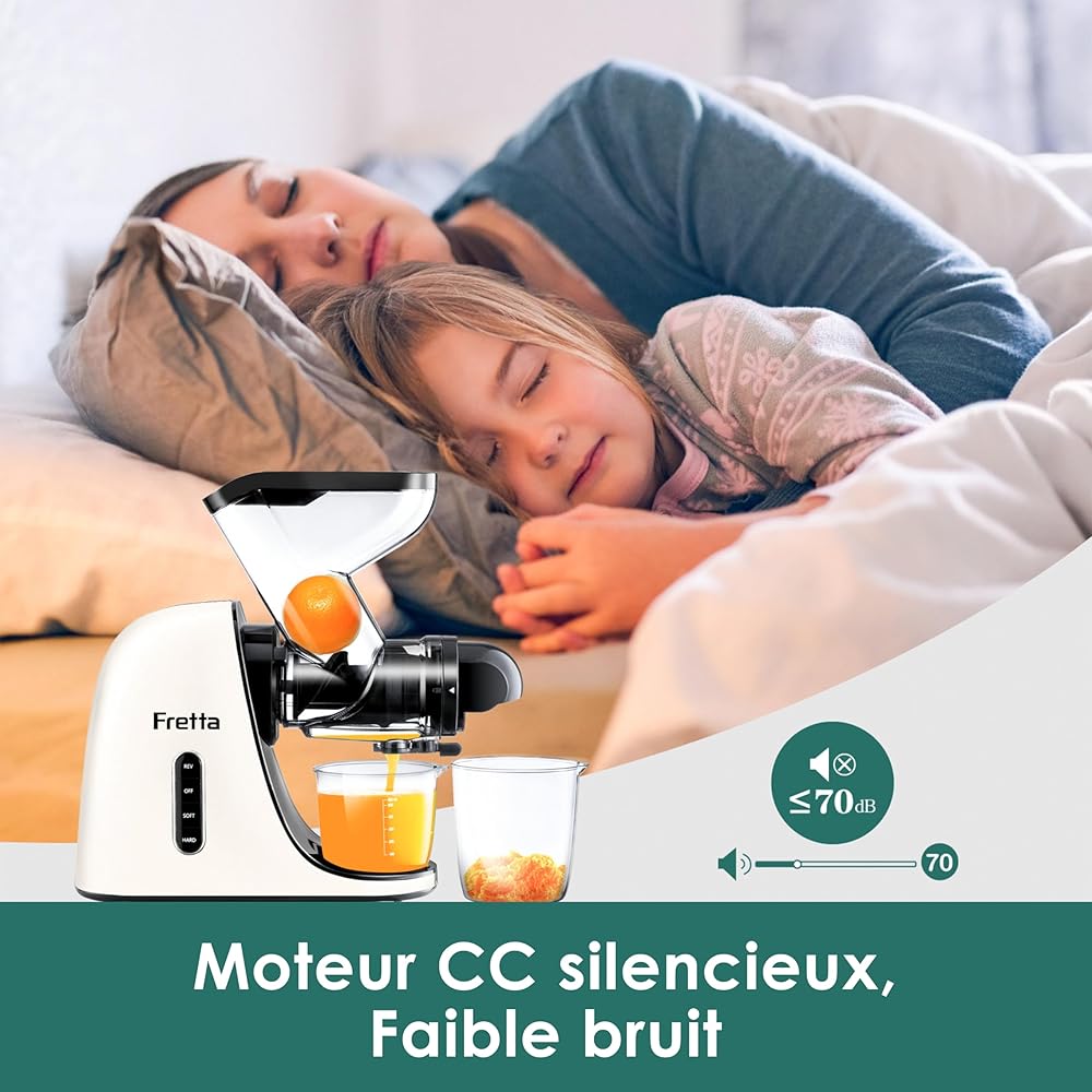 Fretta Extracteur de Jus à Pression à Froid, Goulotte d'alimentation Large de 76 MM, Presse-agrumes à Froid sans BPA, Extracteur de Jus de Fruits et Légumes, Recettes de Jus Incluses (blanc) : Cuisine et Maison