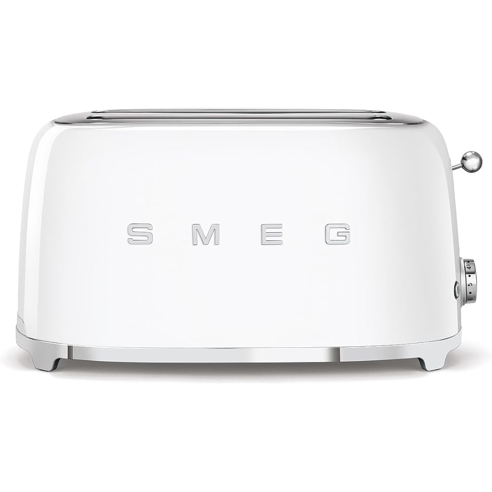 Smeg, Grille-pain 4 Tranches TSF02WHEU, 2 Fentes 36 mm, 6 Niveaux de Brunissage, Fonction Chauffage, Décongélation et Bagel, Éjection Automatique du Pain, Ramasse Miettes, 1500 W, Blanc : Cuisine et Maison