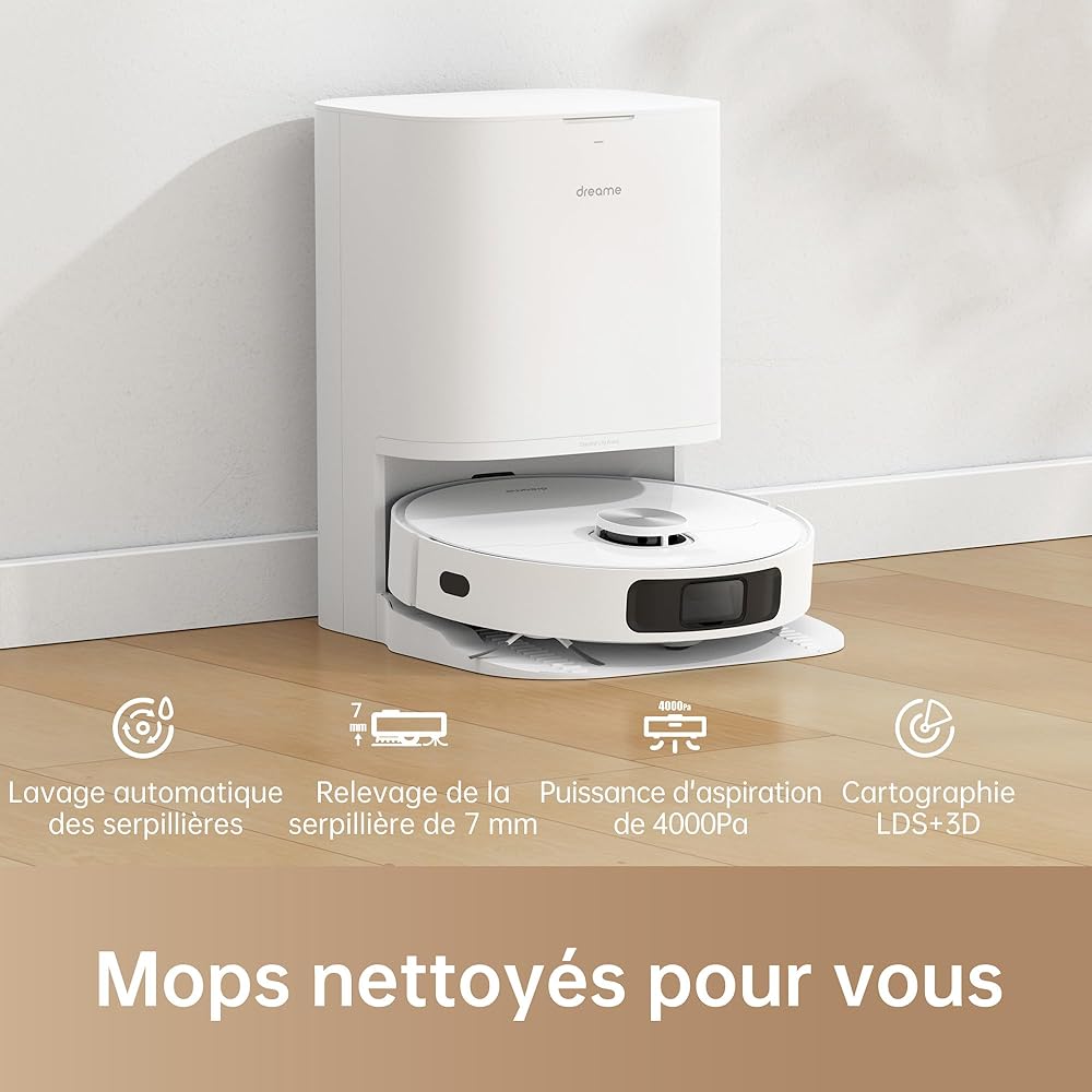 dreame L10 Prime Robot Aspirateur Laveur avec Ascenseur de Serpillière de 7mm, Nettoyage Automatique, Navigation LDS, Cartographie 3D, 4000Pa d'Aspiration, WiFi/APP/Alexa pour Poils Animaux, Tapis : Cuisine et Maison