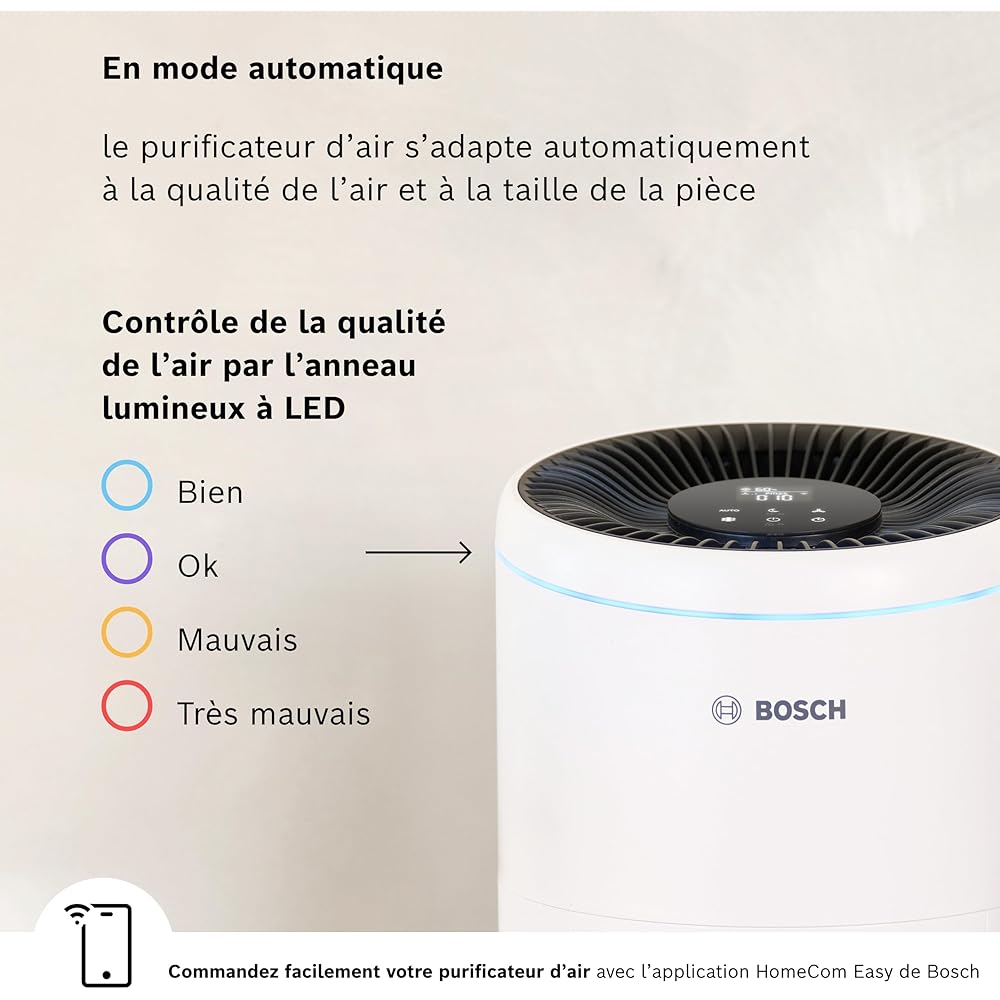 Bosch Air 2000i - Purificateur d'air intelligent - Couvre 37,5 m² - Filtre efficacement plus de 99% des polluants - Mode auto/sommeil (< 25 dB(A)) - CADR : 180 m³/h - Connectivité avec écran et app : Cuisine et Maison