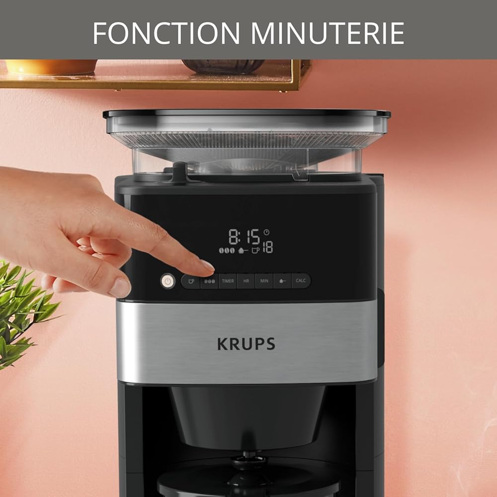 Krups Grind Aroma Cafetière filtre programmable, Broyeur à grains automatique intégré, Café grains ou moulu, 1,25 L, 10 tasses, Arrêt automatique, Ecran numérique KM832810, Noir : Cuisine et Maison