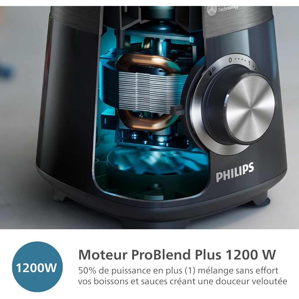 Philips Blender Series 5000 - Puissance 1200W, Bol verre, Capacité totale de 2L, 3 vitesses + Pulse, Gourde incluse, Nettoyage facile, Pièces résistantes au lave-vaisselle, Noir (HR3031/00) : Cuisine et Maison